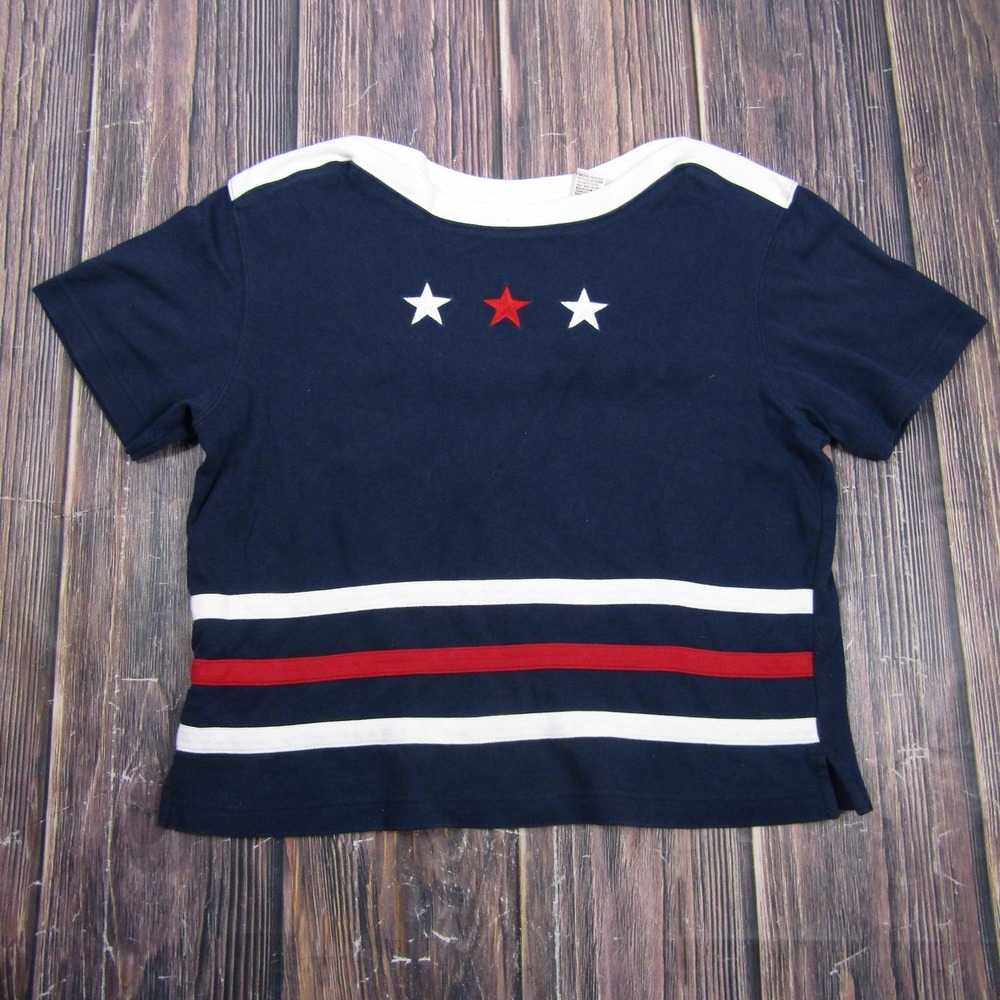 Bechamel Womens Medium‎ Blue Patriotic Granny Striped T Shirt Boat Neck Vintage